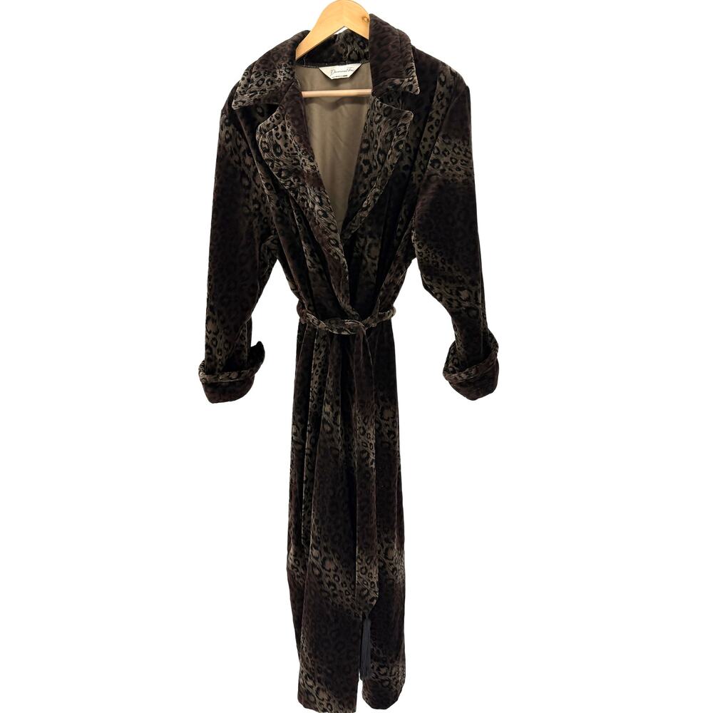 Vintage 90s Diamond Tea Brown Velvet Leopard Print Robe Duster